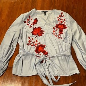 Faux wrap top with embroidery